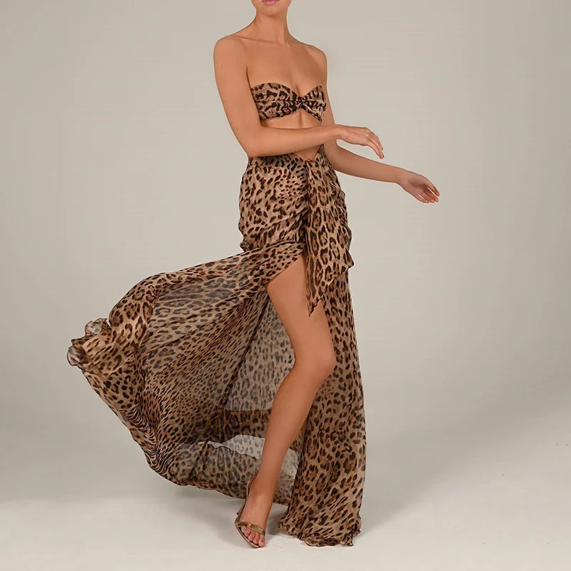 

Set 2022 Summer New Women's Short Navel Exposed Leopard Strapless High Waist Hip Wrapped Skirt Casual Sexy Suit