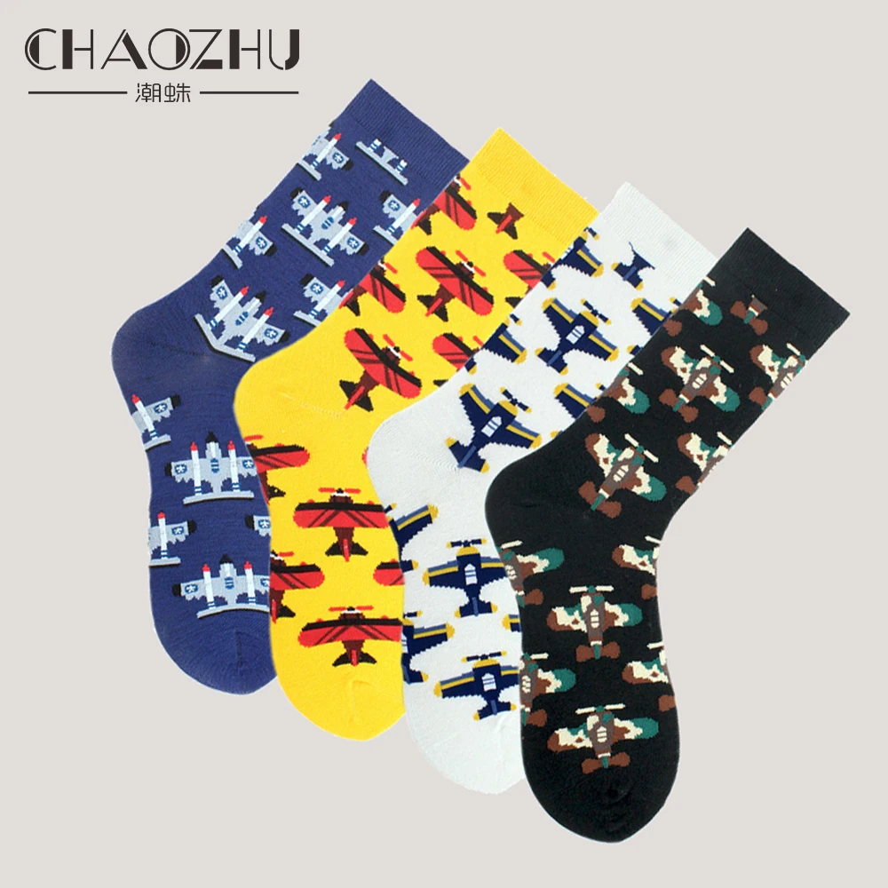 

CHAOZHU Men's Funny Socks Cartoon Aircraft Plain Jacquard Fancies Cotton Knitting Long Crew Socks Autumn Winter Fashion Sockken