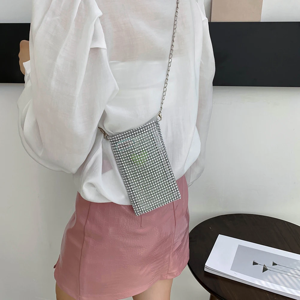 Phone Bag Fashion Women Rhinestone Shoulder Bag Solid Color Female Handbags Design Casual Lady Chain Shoulder Crossbody Bag