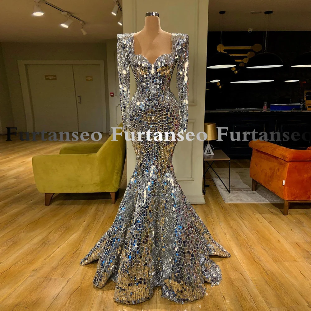 

Silver Mermaid Evening Dress Long Sleeves Sweetheart Beading Lace Sweep Train Robe De Soiree Pageant Party Gown Prom Dresses
