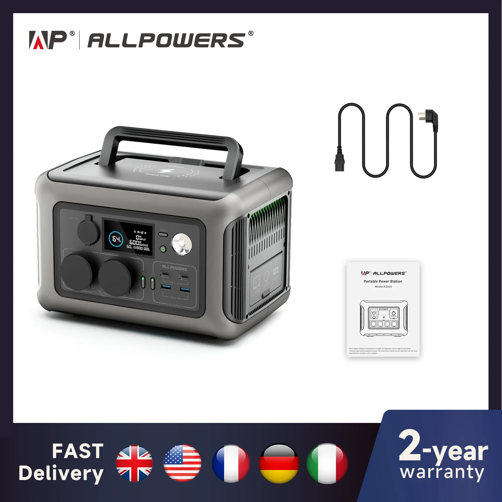 Estación portátil ALLPOWERS R600, batería 299Wh, 2 tomas AC 600W