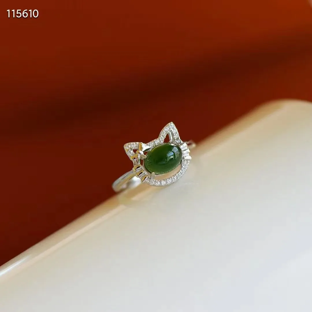 

Натуральное 100% реальное искусственное серебро, инкрустированное котенком, реальные зеленые нефритовые кольца, Открытое кольцо, нефритовые кольца для женщин, подарок на помолвку
