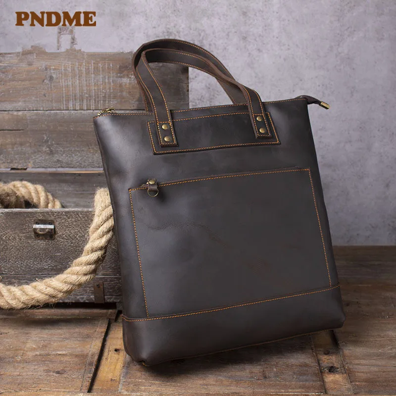 Vintage natural crazy horse cowhide men's handbag simple casual tote bag genuine leather daily work 14-inch laptop shoulder bag