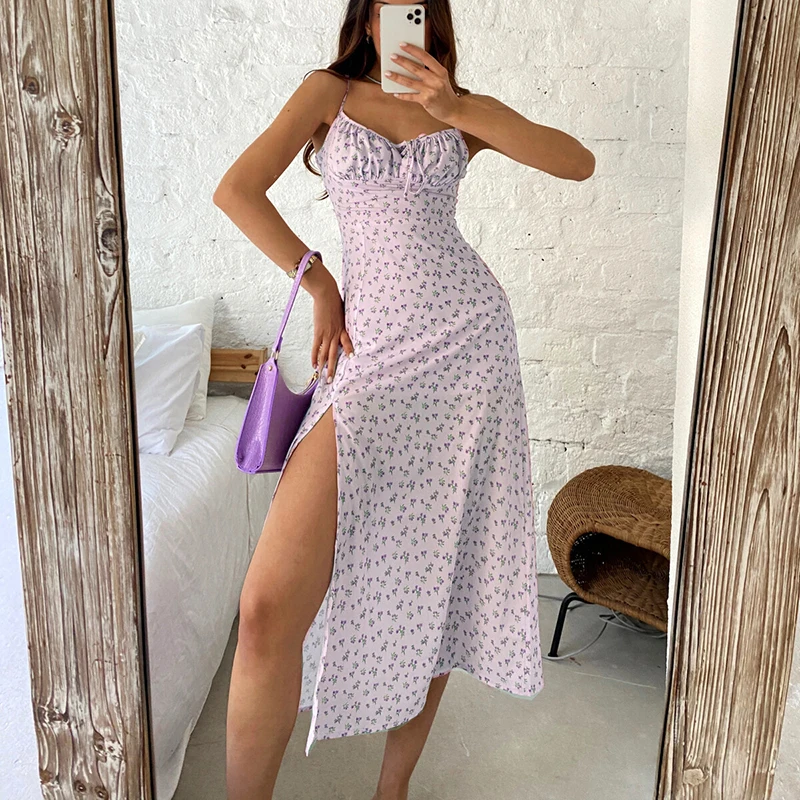 

Платье женское длинное с разрезом, пикантное романтичное Винтажное с французским цветочным принтом, на бретелях-спагетти, с завязками спер...