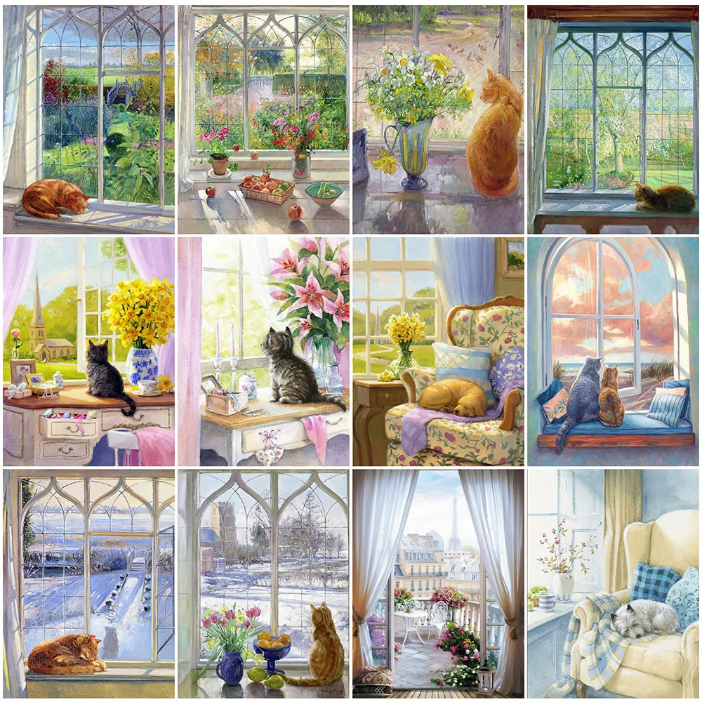 

5D DIY алмазная живопись Цветочная ваза полная вышивка круглая Вышивка Кот Животное мозаика картина Стразы Настенный декор