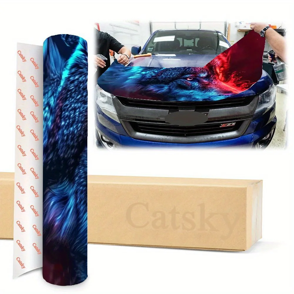 Фото Красная и синяя градиентная наклейка на капот автомобиля с волком - прочная виниловая наклейка для большинства автомобилей, высококачественный уличный виниловый материал, легко чистится №4