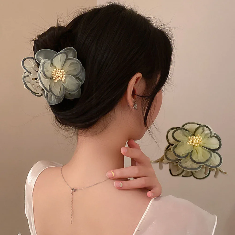 

Новые большие пластиковые заколки для волос для женщин и девочек, тканевый большой марлевый цветок, держатель для конского хвоста, зажимы д...
