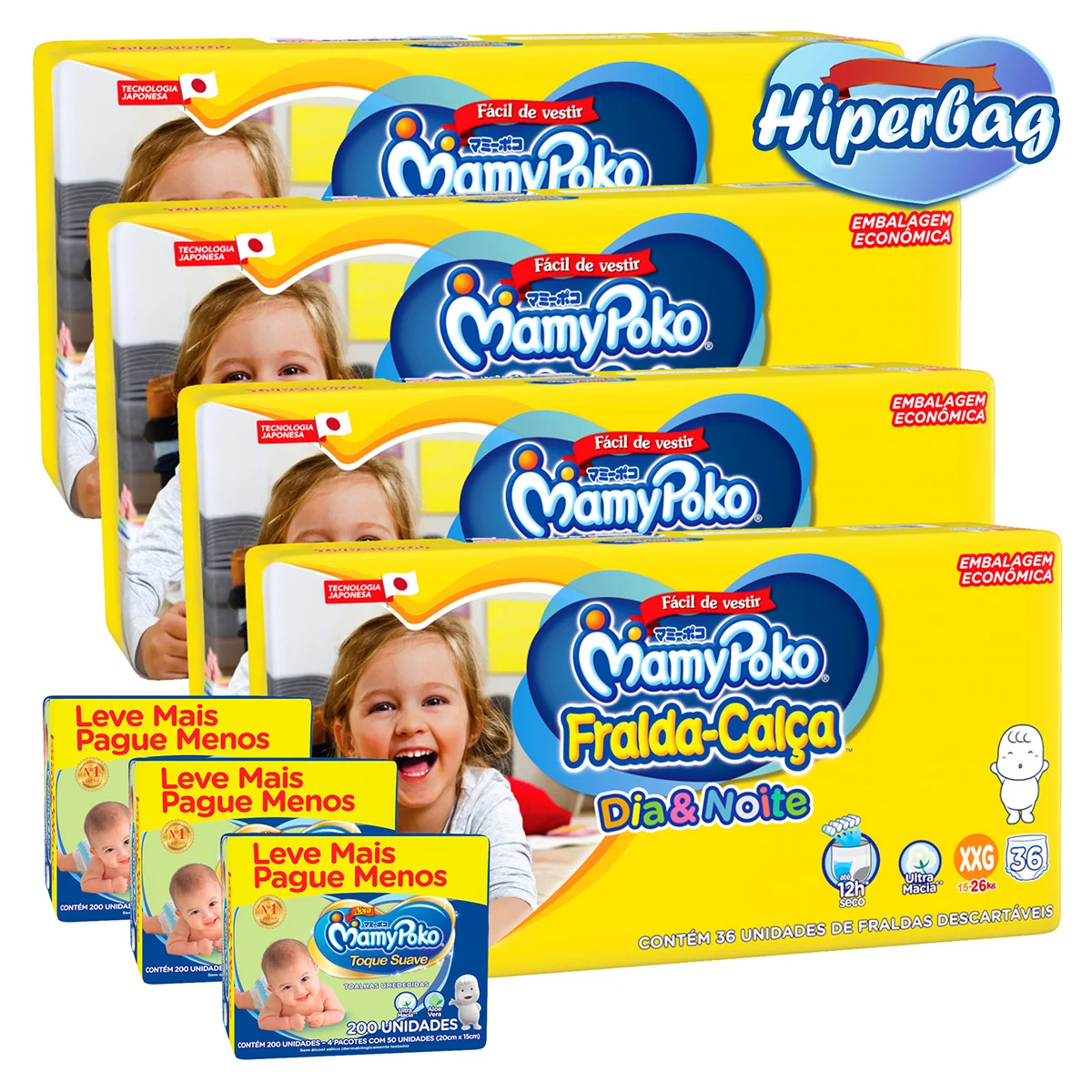 

Kit 04 Hiper Bag BREAKFUL DOWN Disposable DAY & NIGHT MamyPoko XXG -144 Units + 600 Moistened Wipes