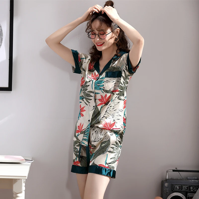 Print Floral Casual Summer Silk Pajama Shorts Sets for Women Outfits 2022 Loose Night Set Elegant Women's Silk Pajamas Home Suit