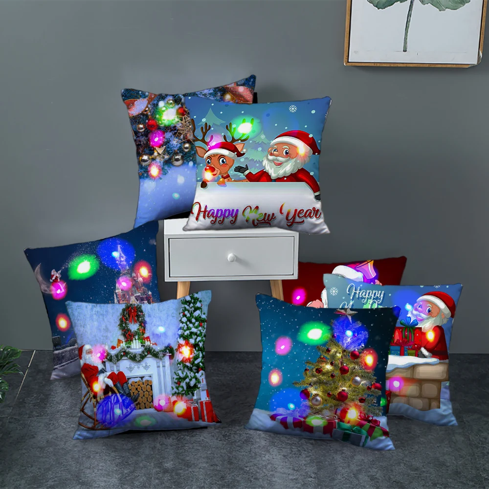 

Santa Claus Pillow LED Light Christmas 2023 Novelties Ornaments Satin Pillowcase Home Decor Dropshipping Center Cushion Cover