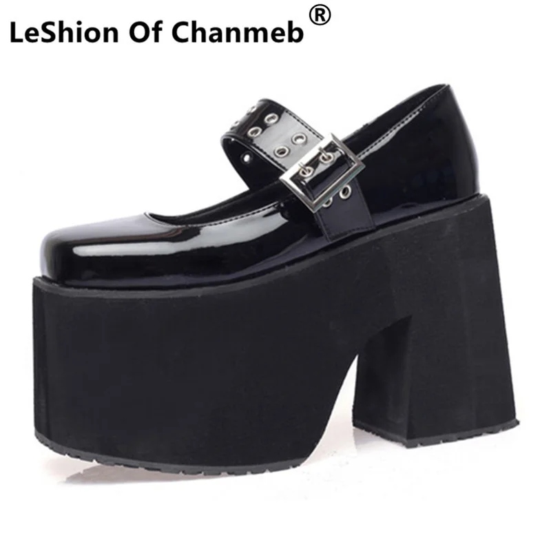 

LeShion Of Chanmeb Punk Metal Buckle Women Gothic Thick High Heels Pumps Black White Chunky Platforms Goth Shoes Party Ladies 46