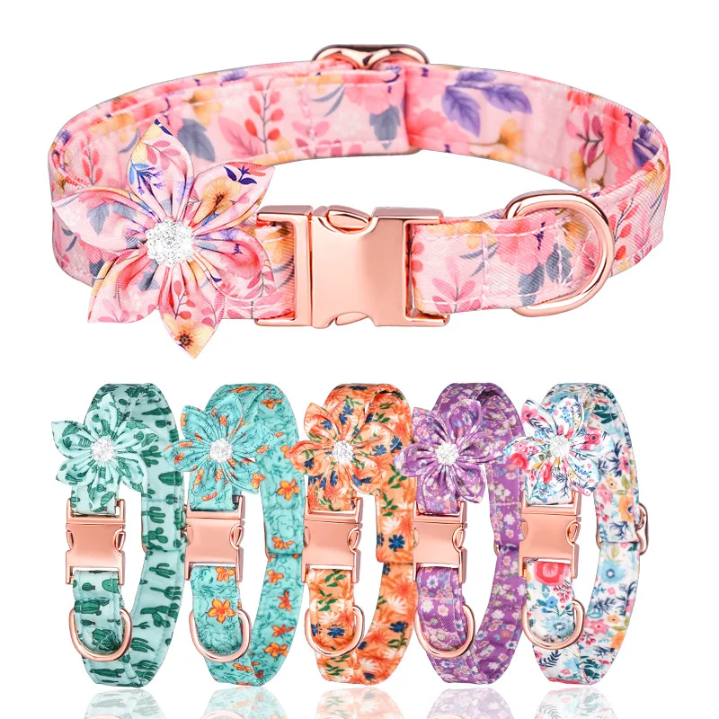 

New Daisy Six-petal Flower Pet Collar Print Dog Collar Personalized Rose Gold Buckle Cat Collar Small and Medium Dog Accessories