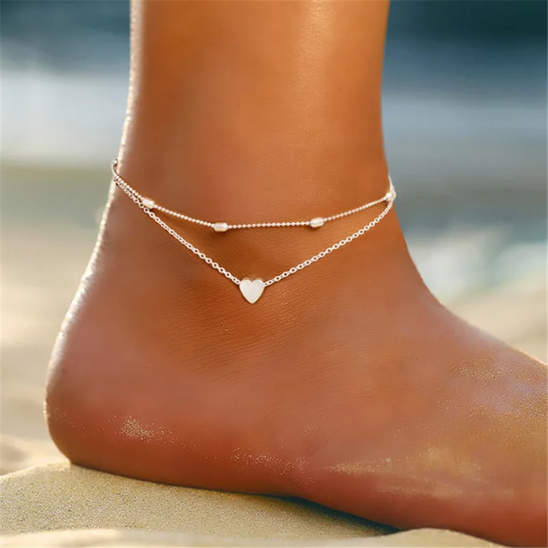 VAGZEB New Fashion Silver Color Beads Heart Anklet For Women Girls Gold Multilayer Anklets Vintage Foot Bracelet Beach Jewelry