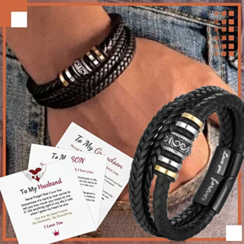 Double Row Bracelet Punk Leather Rope Bracelet Alloy Woven Men's Multilayer Leather Bracelet Gifts for Son Grandson Husband