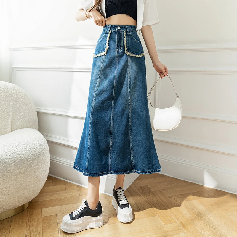 

Женская джинсовая юбка-русалка, облегающая юбка трапециевидной формы с завышенной талией и необработанными карманами, весна-лето 2022