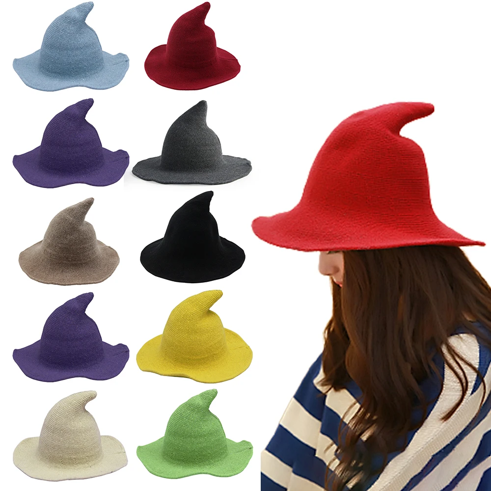 Adult Kids Halloween Witch Hat Wool Knit Hat Solid Hat Party Fancy Dress Hat Witches Top Pointed Caps Dresses Up Cosplay Props