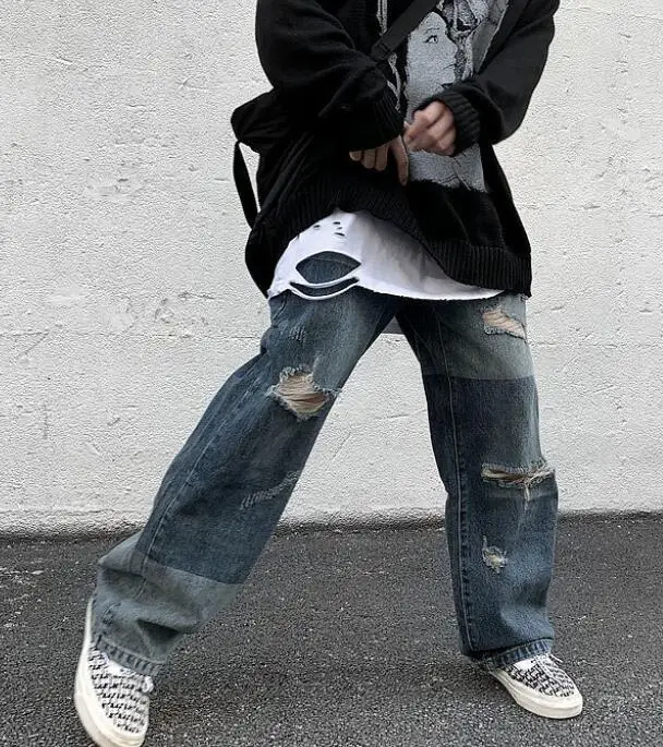 Men's Jeans High Street Retro Color Patchwork Ripped Jeans Men Loose Hiphop Washed Wide-Footed Daddy Pants
