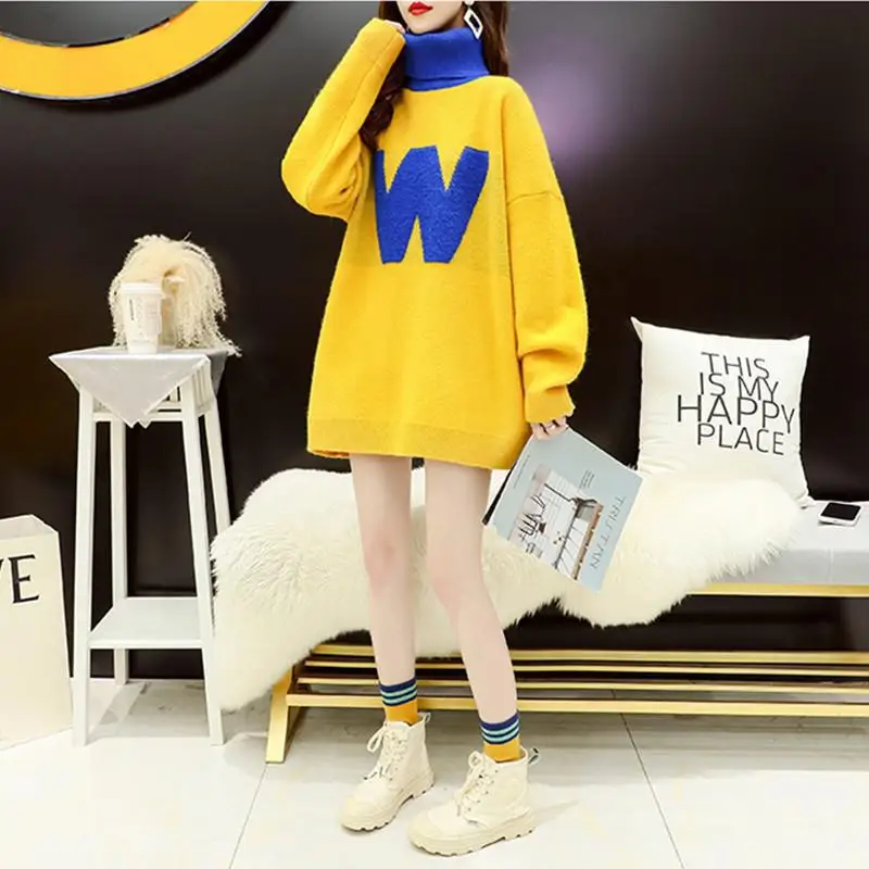 

Korean-Style Autumn Winter Knitted Outer Wear Bottoming Knitted Pullover Female 2023 New Loose Thick Turtleneck Sweater Women