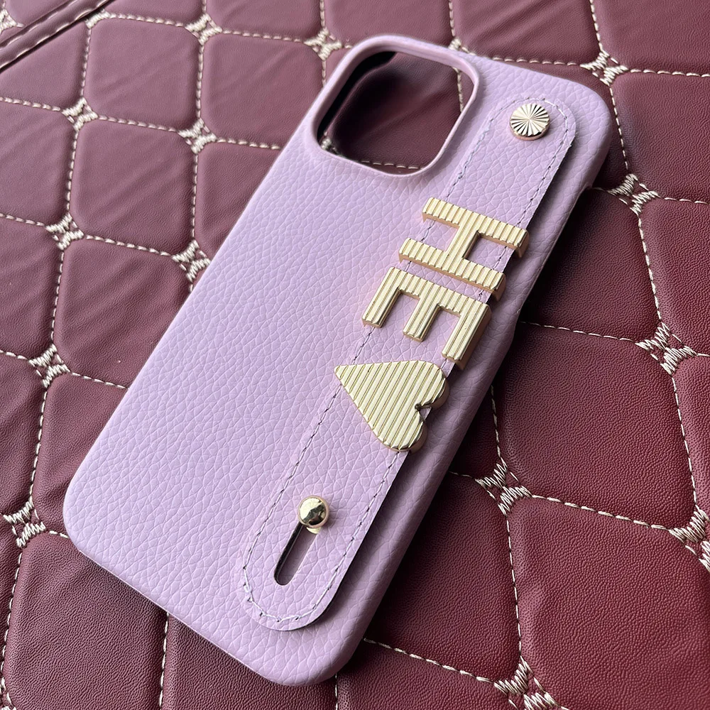 

Holding Strap Personalised Custom Metal Letter Leather Phone Case For iPhone 14pro max 11 12 13Pro Max 14Pro Plus