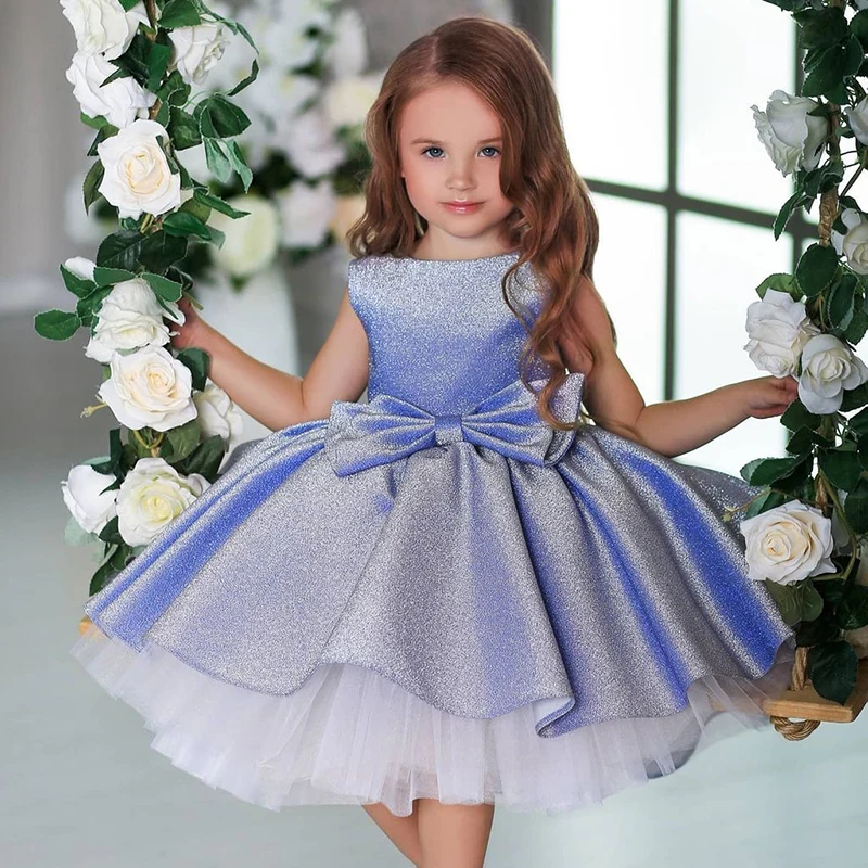 

Summer Kids Formal Prom Shiny Girls Dresses for Weddings Bow Mesh Christmas Princess Costume Girl Birthday Party Gown 2022