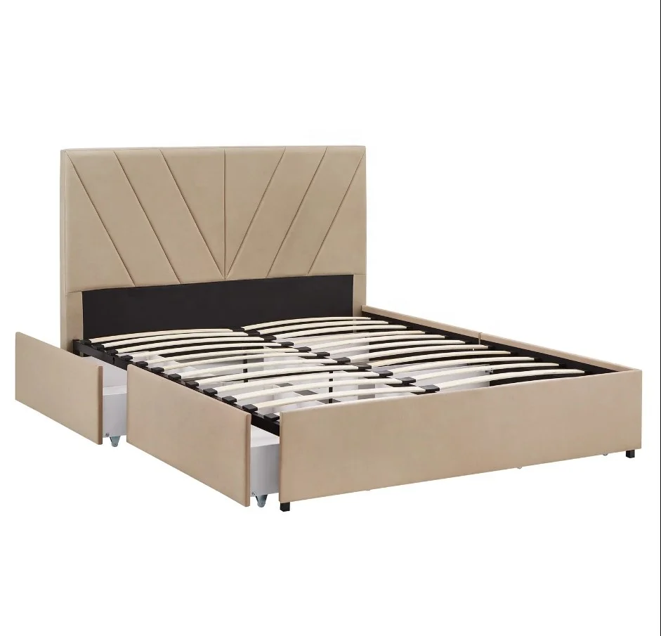 bedroom furniture linen fabric up-holstered lit complet double size wooden drawer storage bed frame