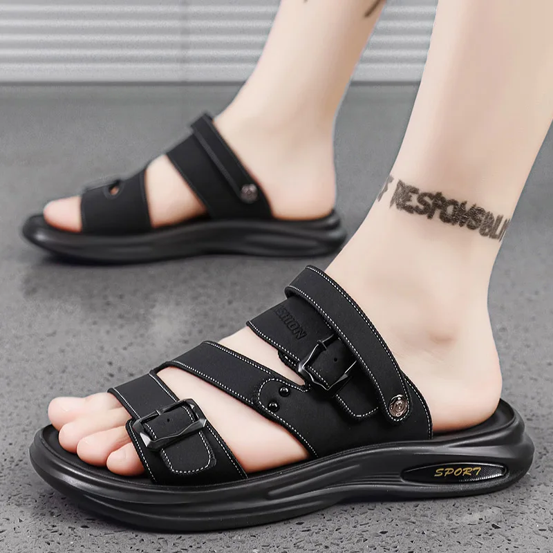 Сандалии мужские кожаные мягкие повседневные спортивные шлепанцы Нескользящие