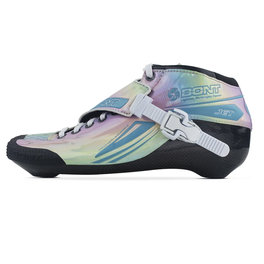 Фото Роликовые коньки BONT Jet 2PT 195 мм, синие, с радужным эффектом, скоростные, карбоновые, профессиональные, для дорожного катания №1