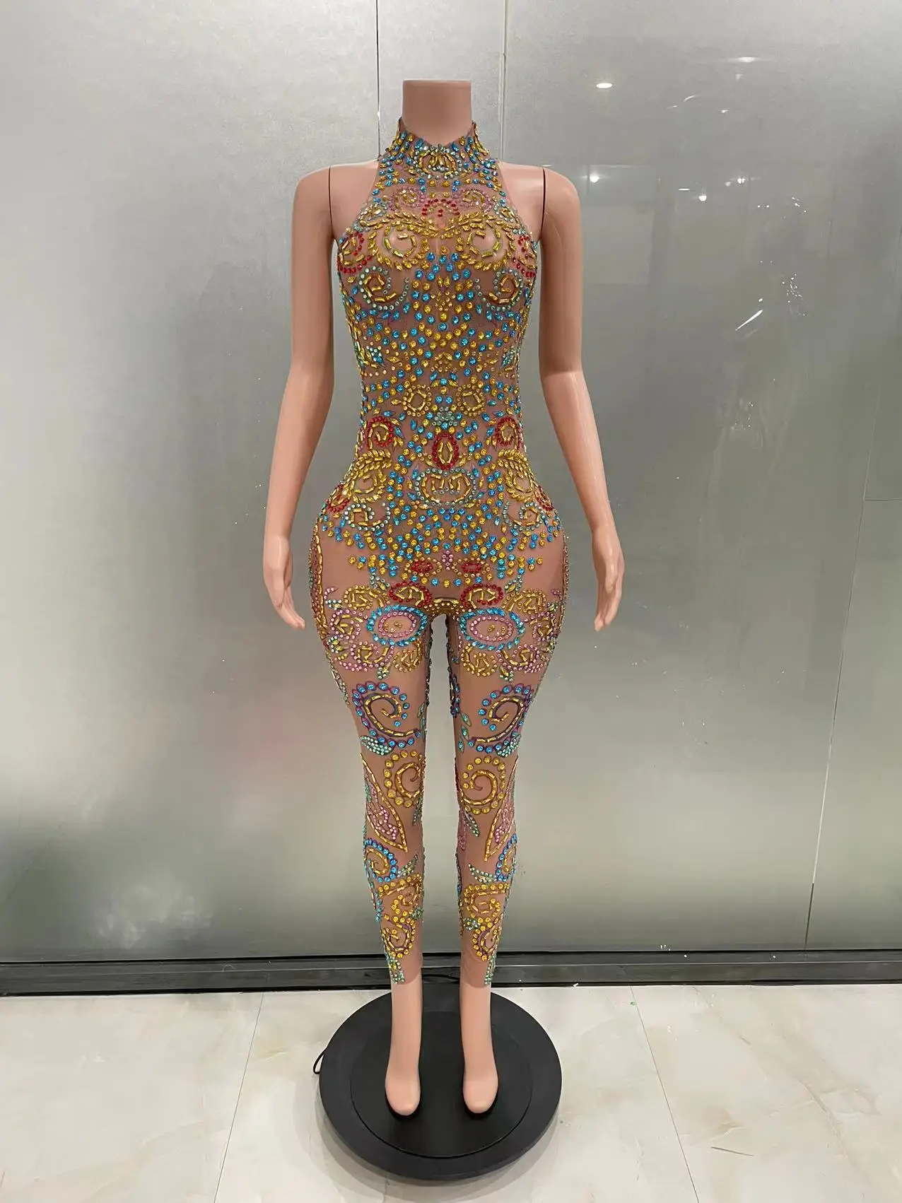 Женский Блестящий сетчатый комбинезон со стразами без рукавов