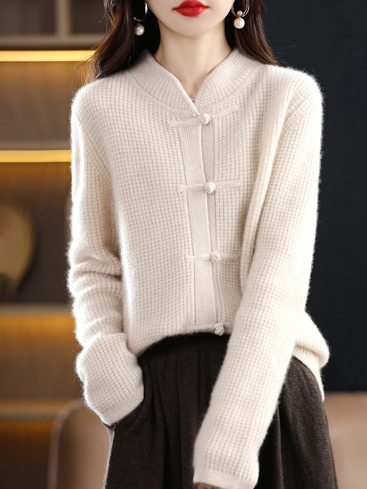 

Wool Cardigan Women's Half Turtle Neck Coat Autumn And Winter New Retro Buckle Loose Solid Color 100% Wool Knitted Jacket
