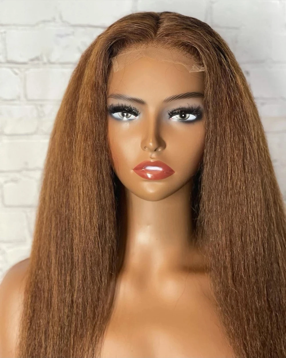 26Inch Long Yaki Brown Glueless 180%Density Synthetic Kinky Straight Lace Front Wig For Black Women Baby Hair Preplucked Daily