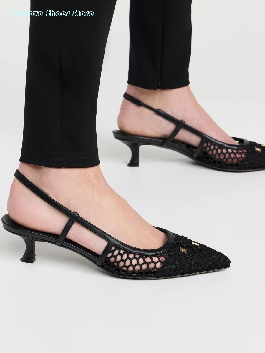 Женские босоножки на шпильке Surkova черные сетчатые туфли-лодочки с острым носком и