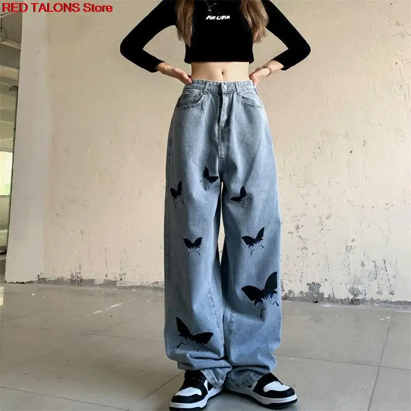 

Fashion High Street Butterfly Print Cool Jean Spring Autumn Loose Casual Straight-leg Pants Wide Leg Pants Mopping Pants Woman