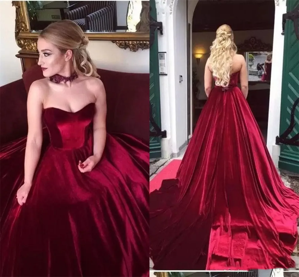 

Burgundy Velvet Strapless Prom Quinceanera Dresses Empire Waist Princess Dresses Evening Wear Bridesmaid Long Formal Dress Party