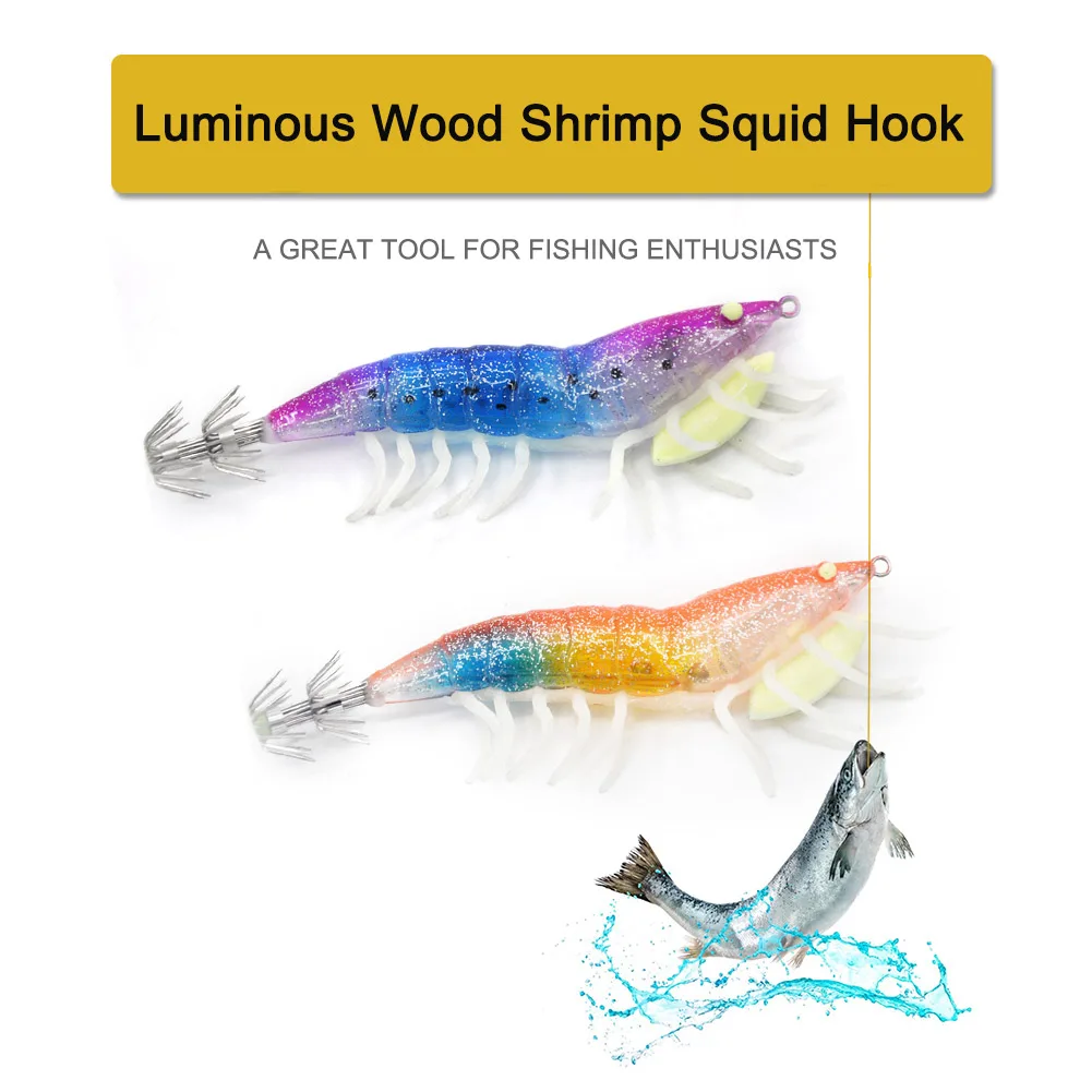 

12cm Luminous Wood Shrimp Bait Squid Hook Fluorescent Jig Sea Octopus Shrimp Cuttlefish Fishing Lures Fishing Tackle Tools