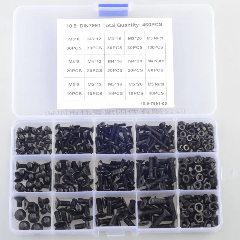 

460pcs M3/4/5 flat head countersunk head black grade 10.9 Alloy Steel Hex Socket Head Cap Screw Nut Suit DIN7991