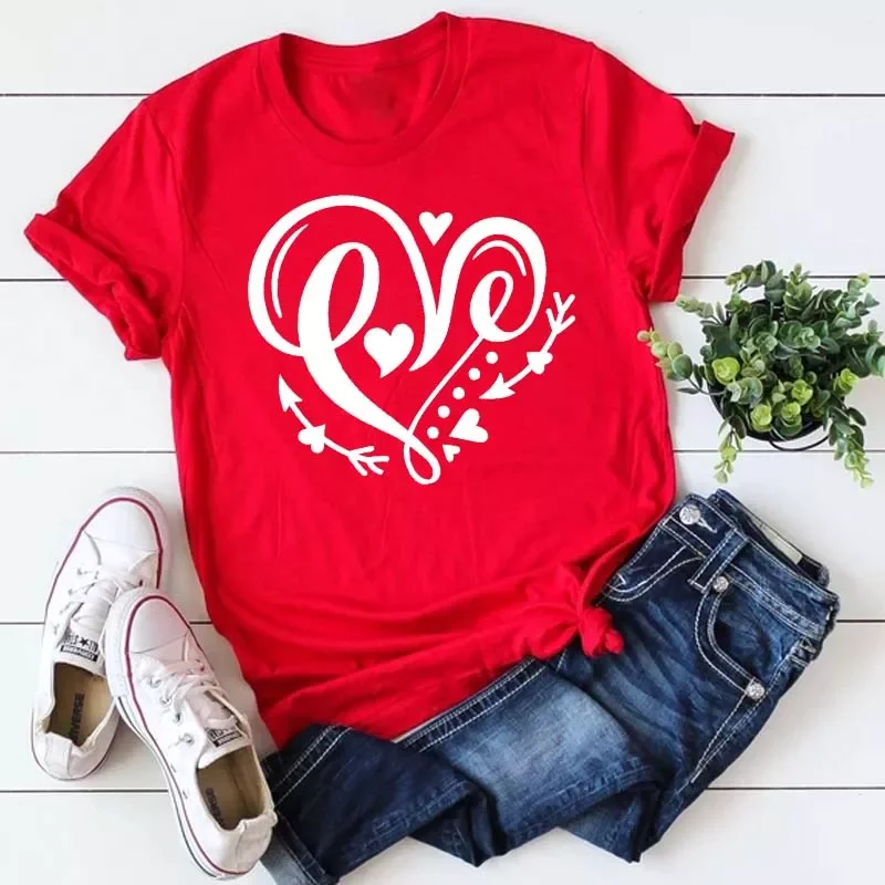 

2022NEW Fashion Women T Shirt Love Heart Printed T Shirt Casual Red Tops 90s Valentine's Shirt Female Harajuku Graphic Tshir