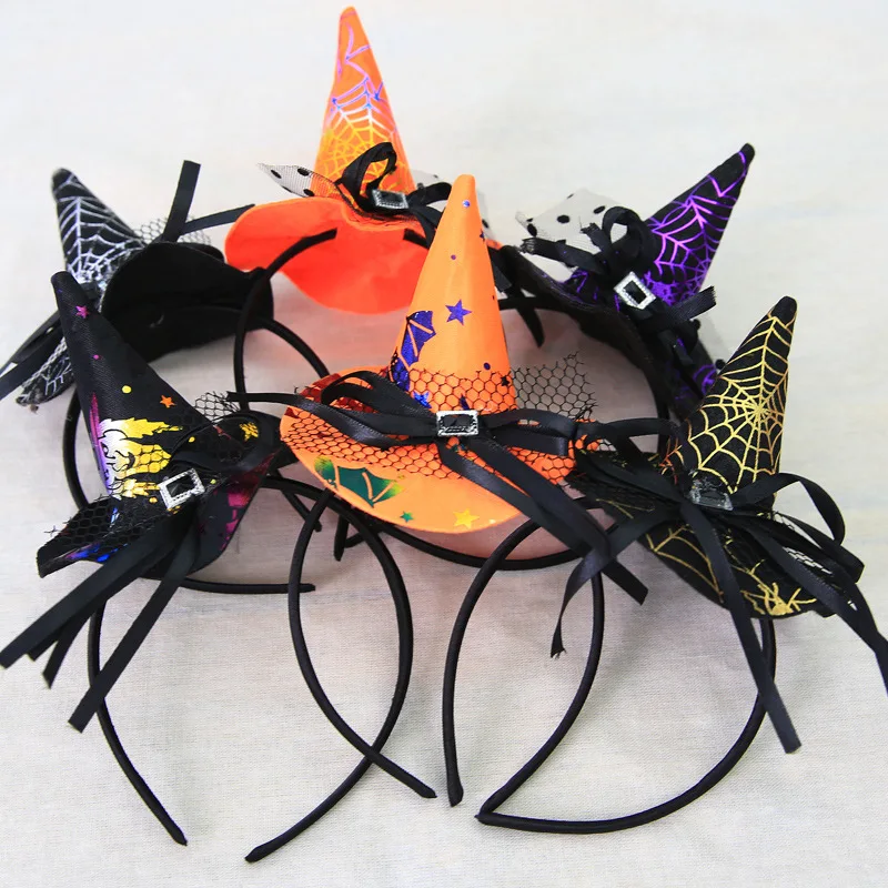 Halloween Kids Headwear Pointy Witch Hat Headpiece Hair Hoop for Halloween Costume Props Hair Accessory Lace Headband