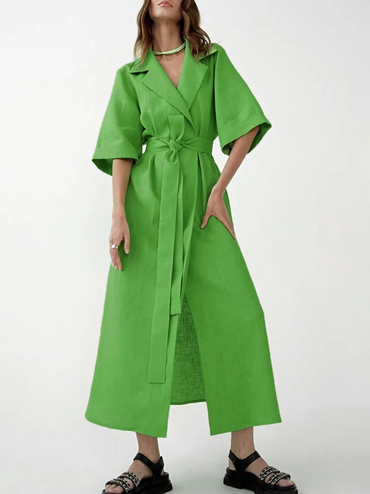 

Женское повседневное однотонное длинное платье с коротким рукавом, элегантное офисное платье-рубашка из хлопка и льна с отложным воротнико...