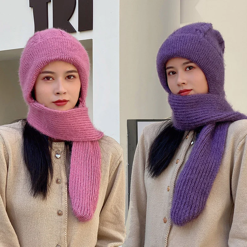 

Новинка 2023, модные женские зимние вязаные шапочки, защищающий от холода шарф для защиты ушей, теплые облегающие шапки для девочек, велосипедная ветрозащитная шапка
