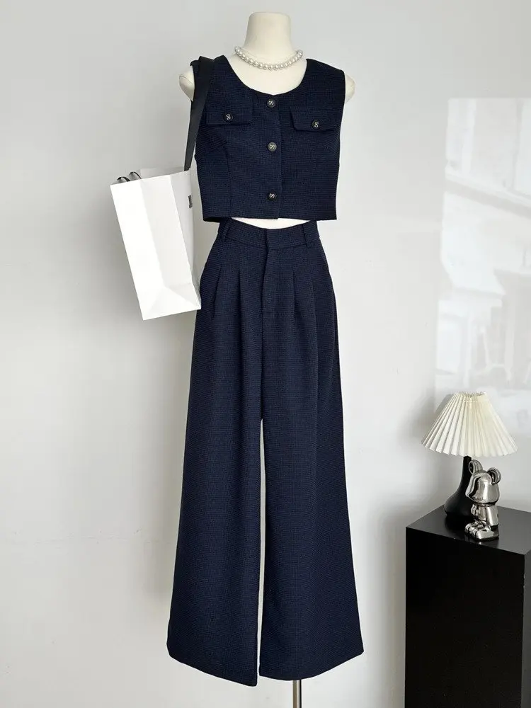 

French Elegant Small Fragrant Two Piece Trouser Set Women Vest Crop Top & Wide Leg Pant Sets Korean Fashion Casual 2 Piece Suits