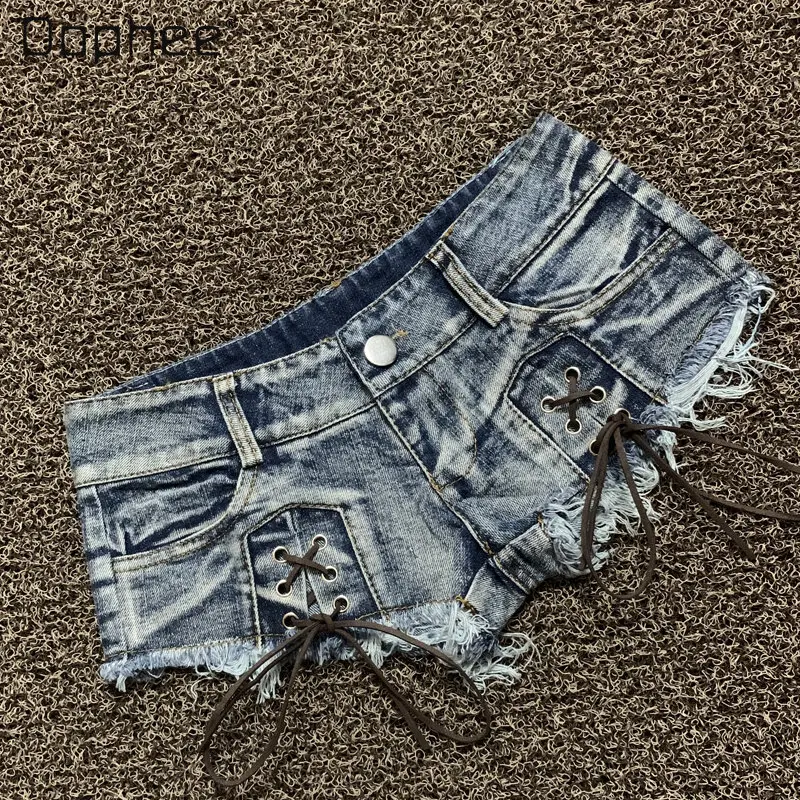 

Korean Style Sexy Woman Slim Fit Low Waist Super Short Shorts Fashion Slimming Sheath Light Blue Denim Shorts Women's Hot Pants