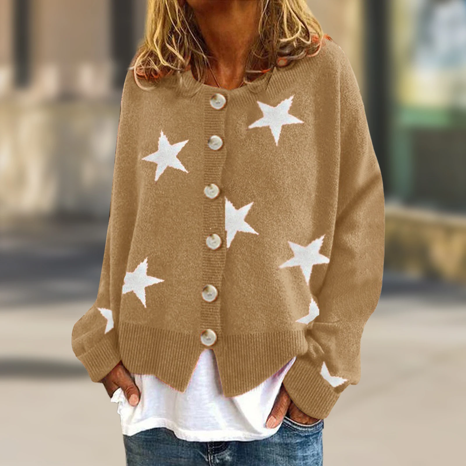 

Женский винтажный Кардиган со звездами, однобортный свитер с длинным рукавом и круглым вырезом, Повседневный Кардиган с открытой передней линией, одежда для отпуска