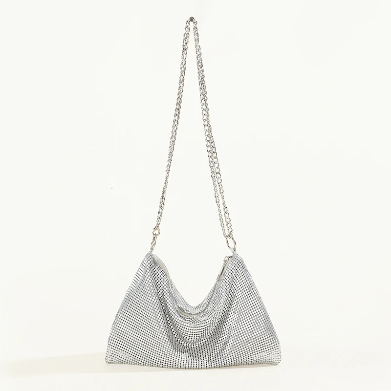 

New Aluminum Piece Evening Shoulder Bag Flash Metal Pure Tote Bags for Women Diamond Inlaid Dinner Armpit Designer Bags Luxury