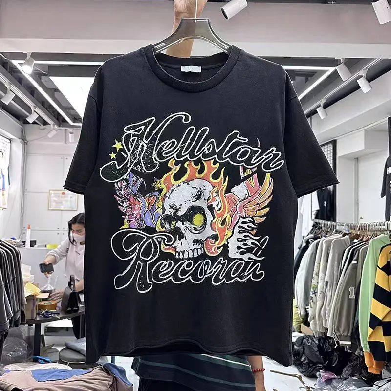 

Высококачественная футболка Hellstar с треснувшим логотипом пламени черепа, летняя мужская женская Свободная футболка в стиле хип-хоп с коротким рукавом в американском стиле
