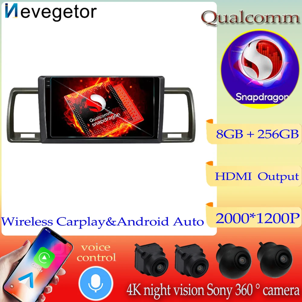 

Автомобильный радиоприемник Qualcomm Android13 для Toyota Hiace 2004-2019 2000*1200 IPS Carplay, мультимедийный плеер, головное устройство, магнитофон, DVD BT