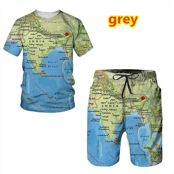 New Summer 3D Map Printing Casual Men Short Sleeve T-shirts And Shorts Male O Neck Top Tracksuit Set Men's Clothing 2 Pieces Set