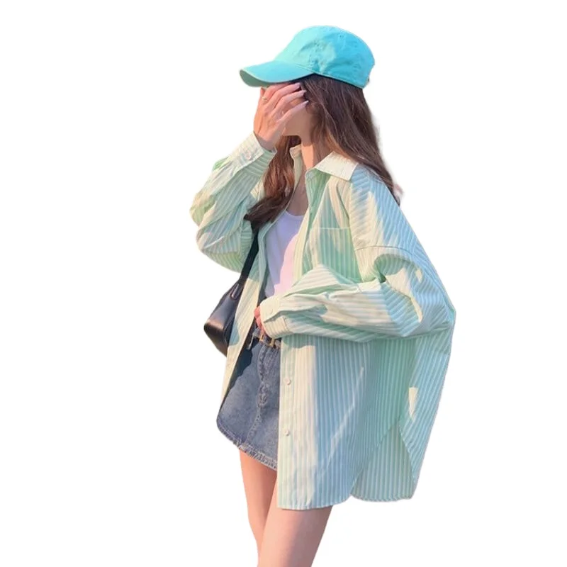 Женская полосатая рубашка E-BAIHUI с отложным воротником, длинными рукавами, весенне-летняя новинка в корейском стиле, свободный универсальный топ (art.: 3920dbfe8e6ae) - 3920dbfe8e6ae
