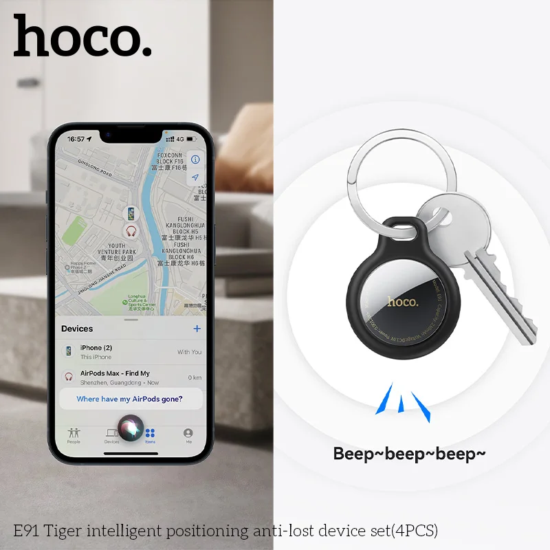 Фото HOCO, 4 упаковки, анти-потерянные устройства, Airtags для системы Apple IOS, GPS-локатор, кошелек, брелок для автомобилей, домашних животных, фурнитура с защитными чехлами №4