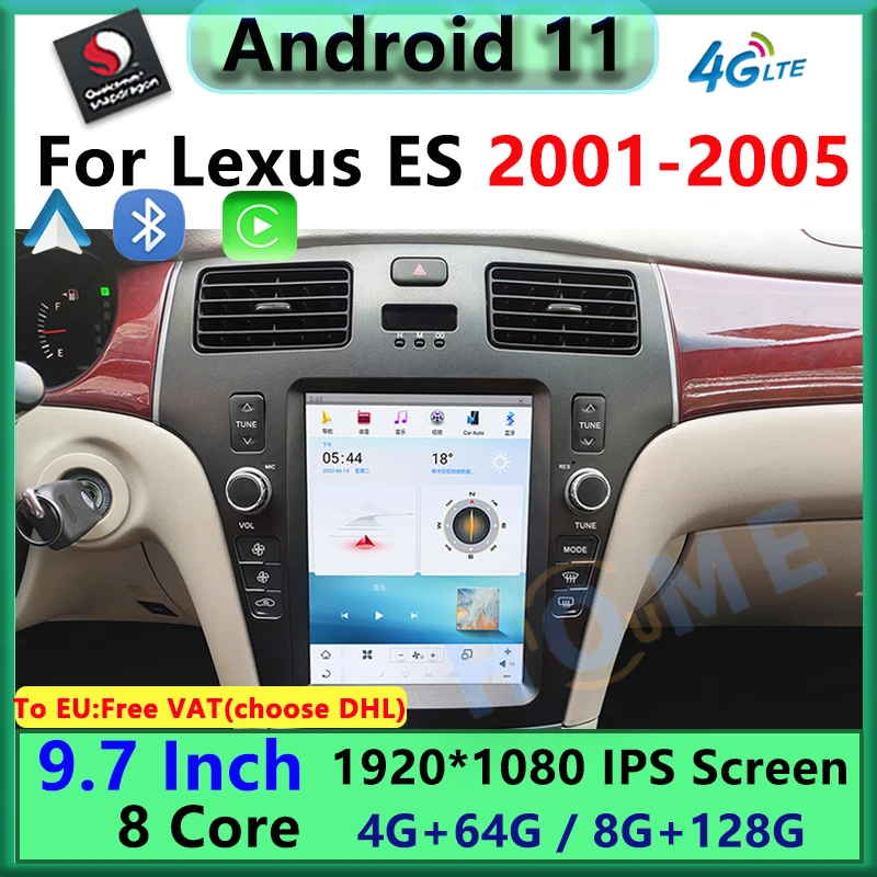 

Автомобильный мультимедийный плеер Qualcomm, 9,7 дюймов, вертикальный экран, Android 11, CarPlay, Авторадио для Lexus ES ES300 2001-2005, GPS-навигация