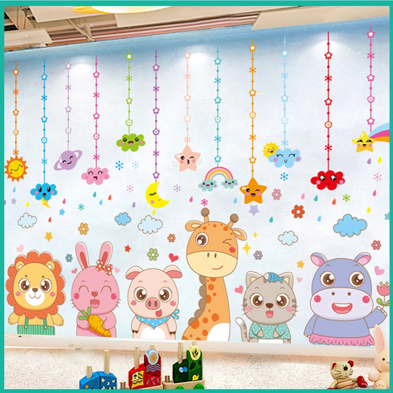 

[shijuekongjian] Animals Wall Stickers DIY Cartoon Clouds Stars Wall Decals for Kids Rooms Baby Bedroom Nursery Home Decoration